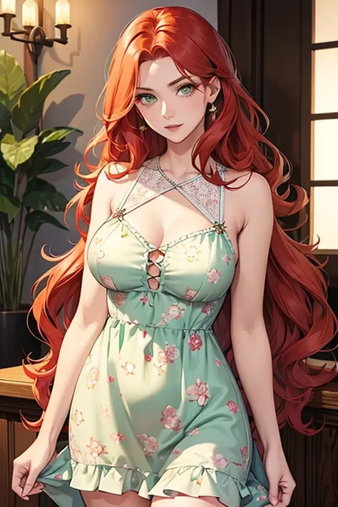 woman in her 20s,redhead,wavy long hair,green eyes,A cotton dress with a hole in the chest,floral pattern dress,white people,Glamour,Mature,prostitute