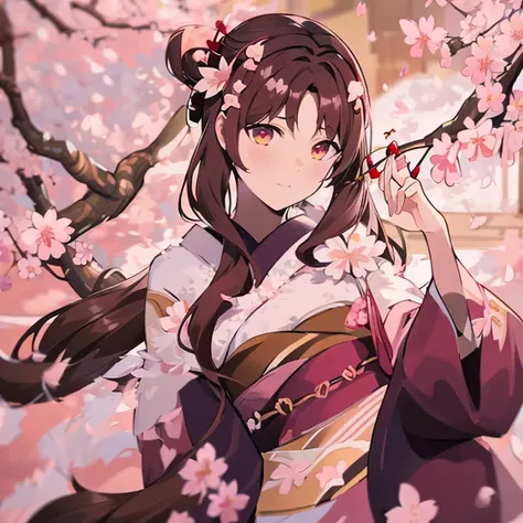 1 girl、background blur、branch、brown hair、long hair、high ponytail、dappled sunlight、flower、hair ornaments、kimono、kimono、leaf、(cher...