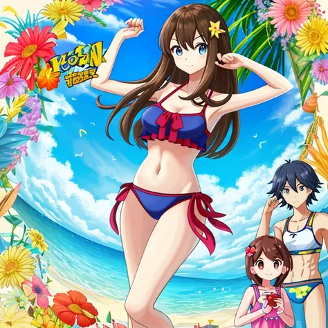 very cute and beautiful girl、big breasts、thin waist、long eyes、perfect style、brown long hair、clothing: bikini、swimsuitを着ています、swimsuit、whole body:: sunny weather::、ツーピースのswimsuit、衣装を着たwhole body、黄色の向日葵柄のbikini、黄色の向日葵柄のbikiniを着ています。 、swimsuit、whole body;、whol...