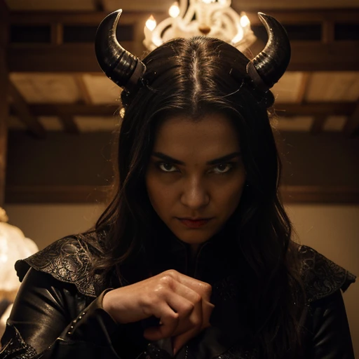 A demonic , (():1.0), idade nova, com olhos vermelhos brilhantes e presas afiadas, vestido com roupas pretas esfarrapadas, fica desafiadoramente na sala mal iluminada. Its horns curl menacingly above its forehead., and his clawed hands are clenched into fi...