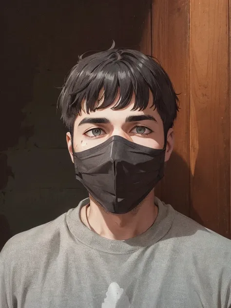 a boy about twenty years, black hair and eyes, masked