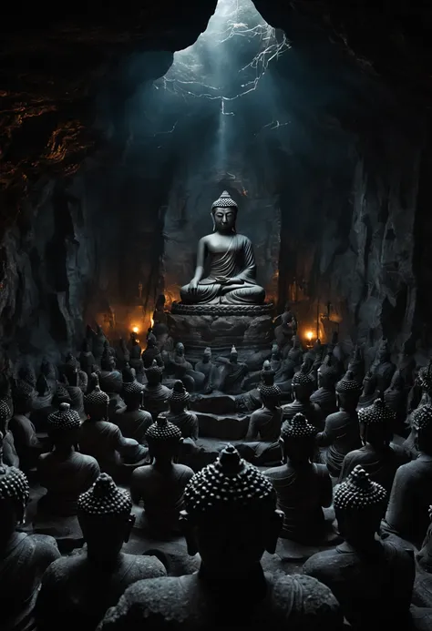 long shot wide angle view of buddha statue in dark cave underground space extremely mysterious zen meditation、depth of field, mo...