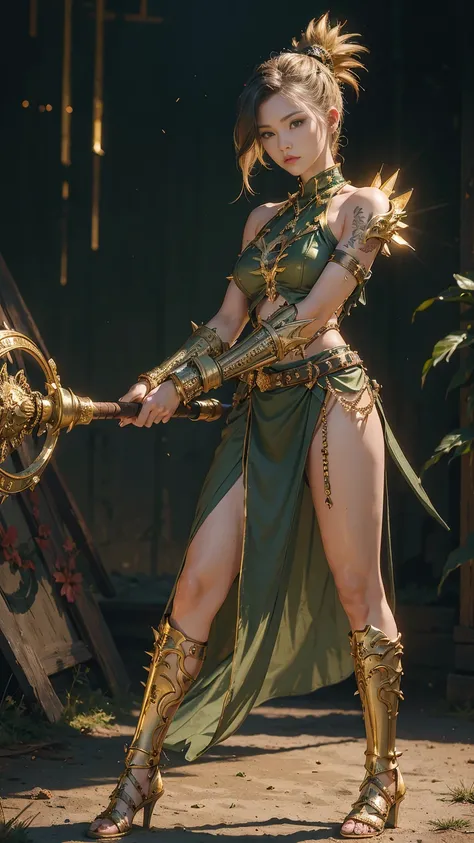 (((woman))), (((full body))), (((best quality))), (((masterpiece))), (((adult))), female warrior with a perfect body, holding a staff ((supported on the shoulders)), battle outfit, ((undercut hair style)), full clothing, shades of green with lightning gold...