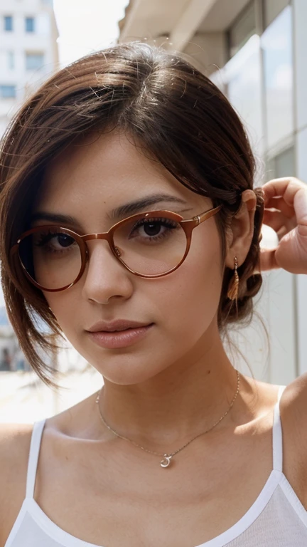 Dianaz pelo moreno , ojos marrones, con gafas, tono de piel clarito con falda corta de cuadros rojos  un top blanco