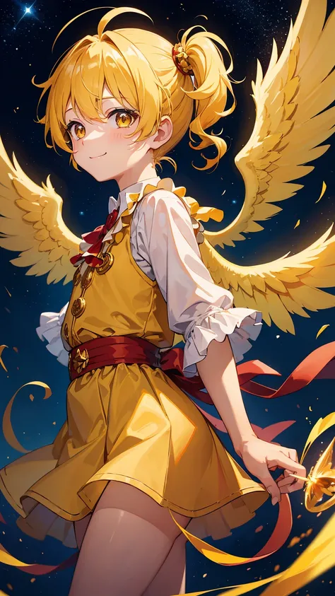 1little boy,solo, gently smile,(yellow hair),curly hair,gold eyes,((side ponytail)),very cute,((with red angel wings on his back)),luminous effect,in the night sky,twinkle,best quality, high quality, masterpiece,starry sky