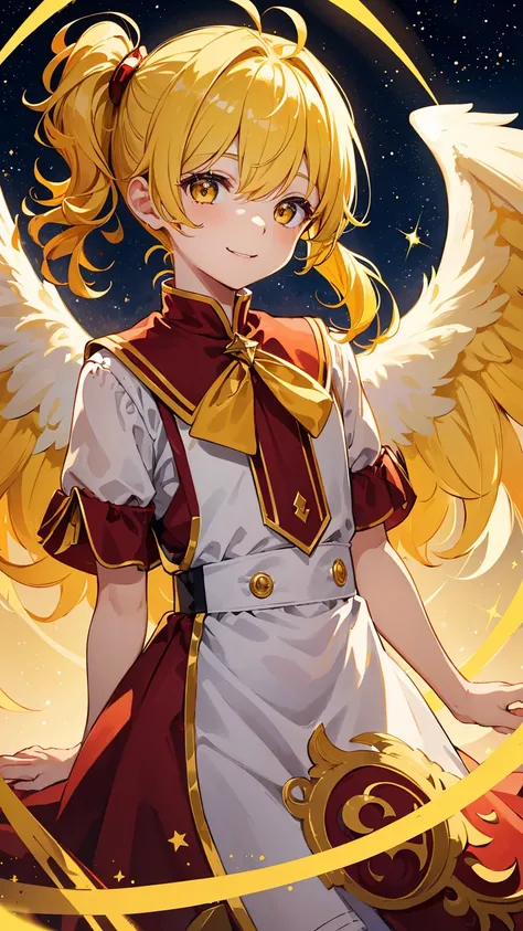 1little boy,solo, gently smile,(yellow hair),curly hair,gold eyes,((side ponytail)),very cute,((with red angel wings on his back)),luminous effect,in the night sky,twinkle,best quality, high quality, masterpiece,starry sky