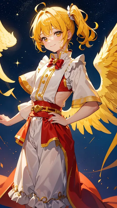 1little boy,solo, gently smile,(yellow hair),curly hair,gold eyes,((side ponytail)),very cute,((with red angel wings on his back)),luminous effect,in the night sky,twinkle,best quality, high quality, masterpiece,starry sky