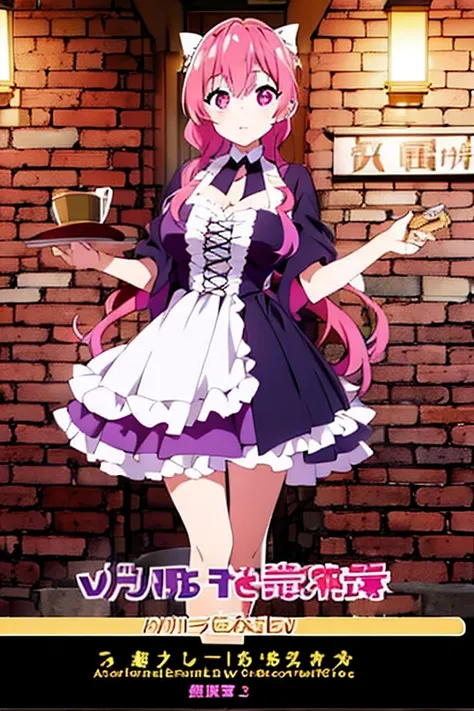 a pink haired woman with violet eyes is presenting a piece of cake.