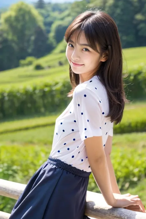 beautiful japanese woman, high teenager, I am standing on a farm with a view of the mountain ridgeline of Nobeyama.,A woman leaning lightly on a log fence
（Detailed model figure：face is facing the camera, The body is facing the camera, Straightening the ba...