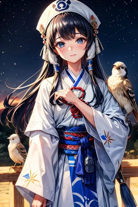 queen of the ainu、cute、Ainu pattern clothes、white and blue clothes、Ainu pattern、has a spear、Ainu art、Clean your eyes、Fingers correctly、night view、bird falcon、eyes are long、Don&#39;Avoid redness around the eyes。