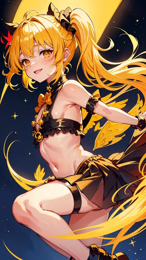 Sfw, 1little boy,solo, gently smile,(yellow hair),curly hair,gold eyes,((side ponytail)),black bondage,very cute,((with red angel wings on his back)),luminous effect,in the night sky,twinkle,best quality, high quality, masterpiece,starry sky