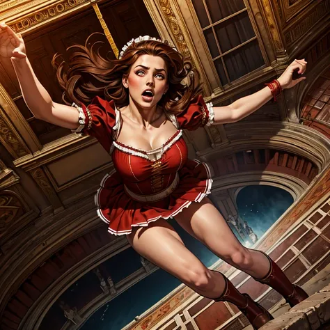 masterpiece, best quality,8k resolution,realistic,, 1 girl, Girl falling off Roman stadium, free falling, wear a red maid outfit, looks scared, long brown hair, detail eyes, detail hands and legs, different perspectives