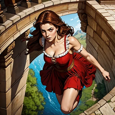 masterpiece, best quality,8k resolution,realistic,, 1 girl, Girl falling off Roman stadium, free falling, wear a red long maid outfit, looks scared, long brown hair, detail eyes, detail hands and legs, different perspectives