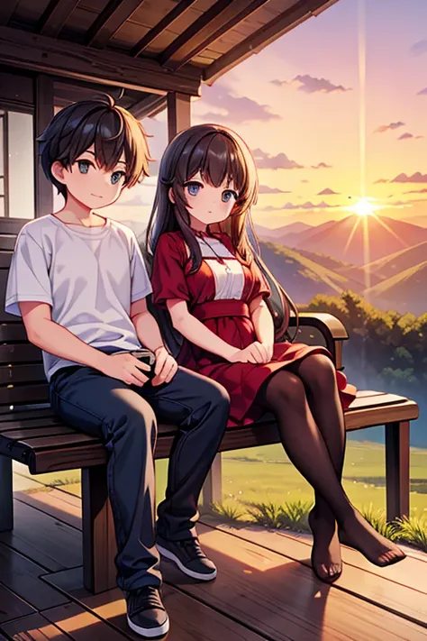 couple relaxing during sunset on a bench on top of a mountain 