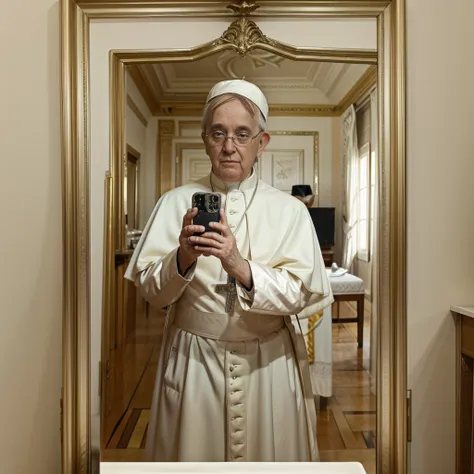 (yes nsfw), selfie_me, masterpiece portrait of pope francis making selfie in front of a mirror, (mobile phone), ((popefra, selfi...