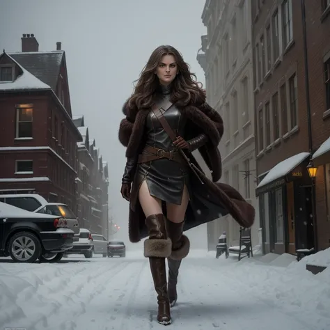 Keri Russell, with very long, wavy brown hair. She wears a fur coat and high-heeled leather boots. Full body. Winter. It is snowing and very windy, causing her long hair to blow in the wind. She is in Washington DC, 1987, insanely detailed, 8k uhd, sharp f...