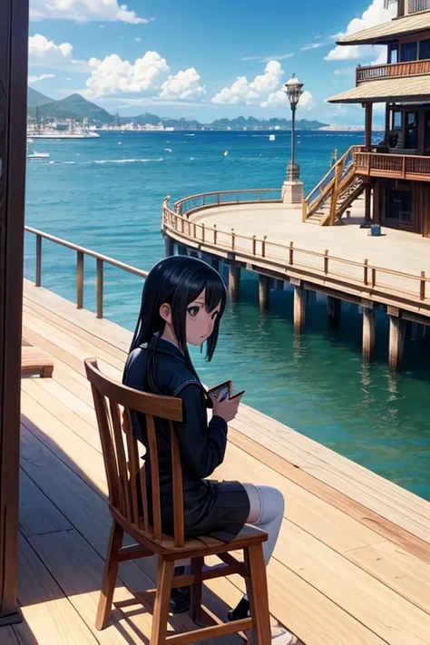 There are many tables and chairs on the pier by the water, Screenshots from animated movies, Screenshots from the 2012 animation, Animation movie screenshots, in animated movies, opening scene, Todays featured anime stills, Kuro anime screenshots, (attack ...