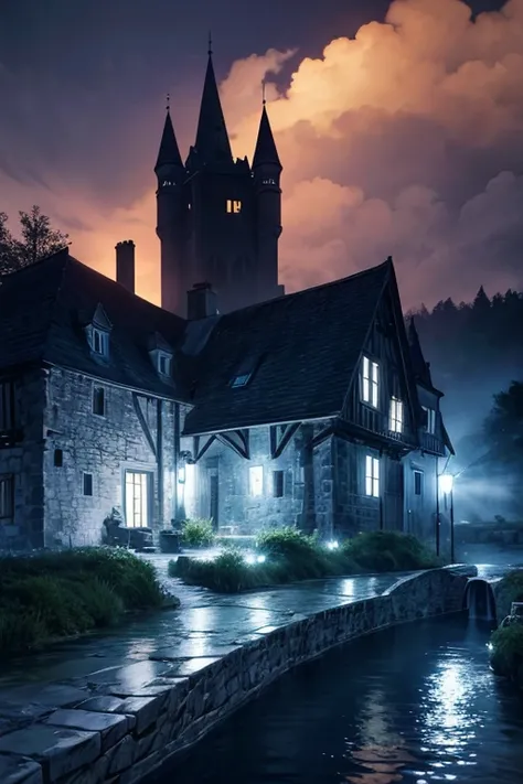 one house，There is a flag on the roof，a stream flows through, The location of a dark old house, Howls moving castle at night, mysterious appearance, at night, located in a castle, as night falls, casa medieval, Realistic establishing shot, at night, outdoo...