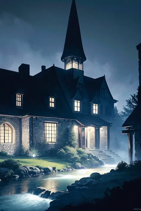 one house，There is a flag on the roof，a stream flows through, The location of a dark old house, Howls moving castle at night, mysterious appearance, at night, located in a castle, as night falls, casa medieval, Realistic establishing shot, at night, outdoo...