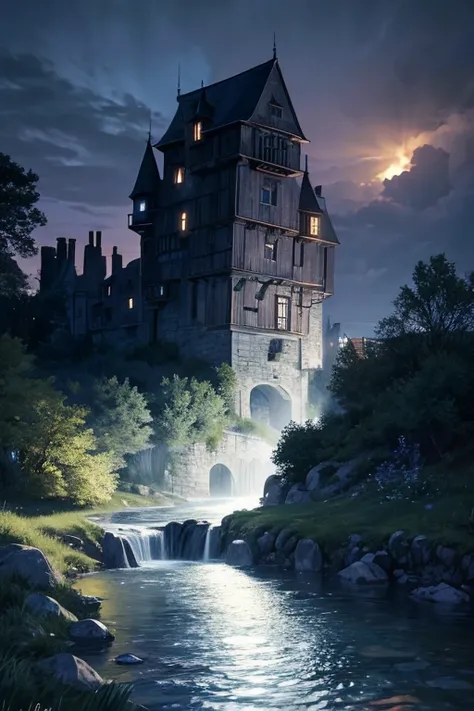 one house，There is a flag on the roof，a stream flows through, The location of a dark old house, Howls moving castle at night, mysterious appearance, at night, located in a castle, as night falls, casa medieval, Realistic establishing shot, at night, outdoo...