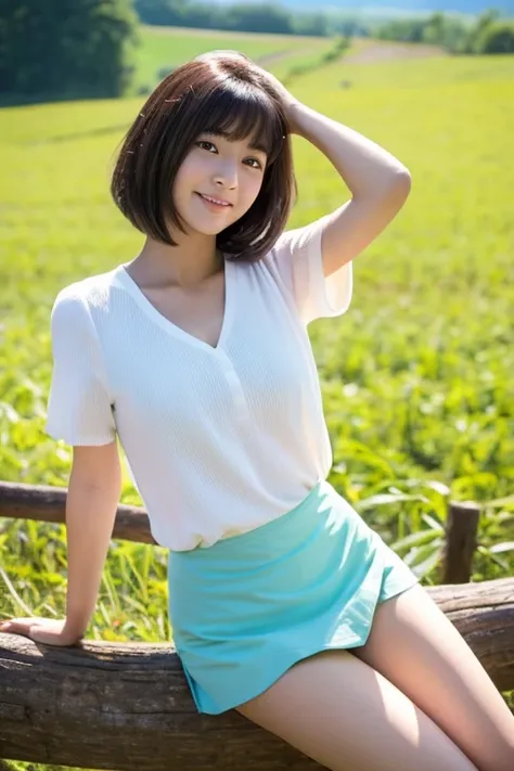 beautiful japanese woman, high teenager, I am standing on a farm with a view of the mountain ridgeline of Nobeyama.,A woman sitting lightly on a log fence （Detailed model figure：face is facing the camera, The body is facing the camera） （Photo composition：F...