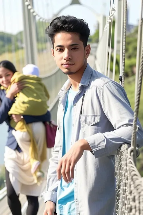 there are two people walking across a bridge with a baby, connected with hanging bridge!!, taken in the early 2020s, !! low contrast!!, ayan nag, student, a picture, potrait, portait image, in sunny weather, hanging bridge!!, a handsome, candid picture, ri...