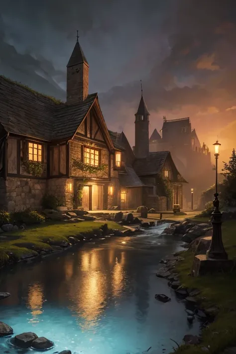 A medieval house with a flag on the roof, a small stream flowing by, located in a dark, mysterious area. The house is a part of a moving castle that travels through the night, emitting eerie sounds. The castle has a surreal and virtual reality appearance, ...