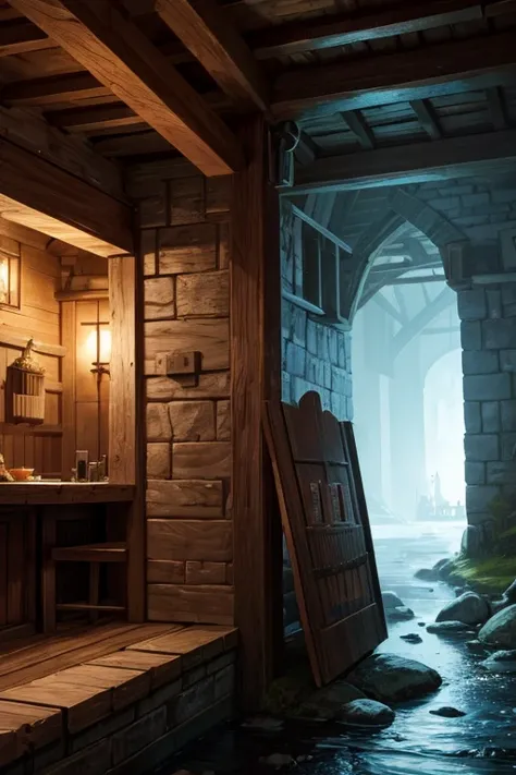 A medieval house with a flag on the roof, a small stream flowing by, located in a dark, mysterious area. The house is a part of a moving castle that travels through the night, emitting eerie sounds. The castle has a surreal and virtual reality appearance, ...