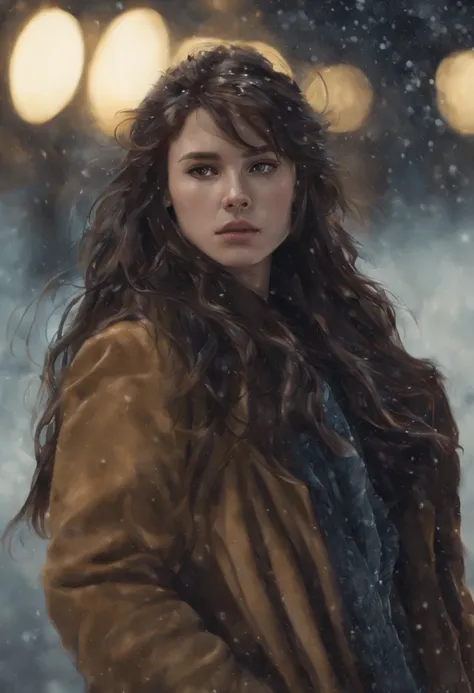 a woman, with very long, wavy brown hair. she wears a fur coat and high-heeled leather boots. full body. winter. it is snowing a...