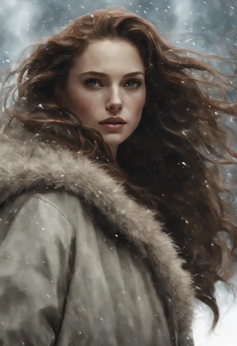 a woman, with very long, wavy brown hair. she wears a fur coat and high-heeled leather boots. full body. winter. it is snowing a...