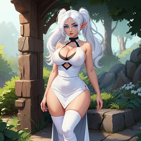 1girl, on florest, well-shaped body, looking at viewer, character elf frieren, long white hair with  two-sided ponytails, big blue eyes with white sclera, nature lighting, face lighing,
slim and shapely body, thin waist, large breast with puffy areolas and...