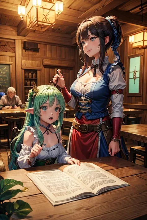 (best quality,4k,8k,highres,masterpiece:1.2),ultra-detailed,realistic:1.37,anime-style,comfortable multidimensional tavern,background,tavern with tables and people eating at the table,small leaves,small leaves anime style,tavern interior,fantasy tavern bac...