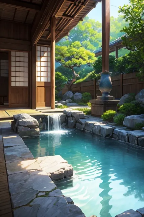 A beautiful scene of a courtyard with a pond in the center, surrounded by lush greenery. The pond is crystal clear, reflecting the vibrant colors of the blooming flowers and trees. The courtyard features traditional Japanese architecture, with wooden struc...