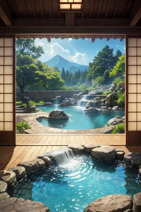 A beautiful scene of a courtyard with a pond in the center, surrounded by lush greenery. The pond is crystal clear, reflecting the vibrant colors of the blooming flowers and trees. The courtyard features traditional Japanese architecture, with wooden struc...