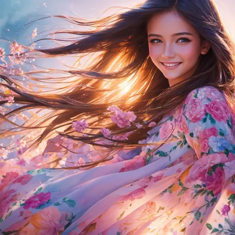 beautiful girl, realistic painting, flowing floral dress, radiant smile, long flowing hair, captivating eyes, high quality, real...