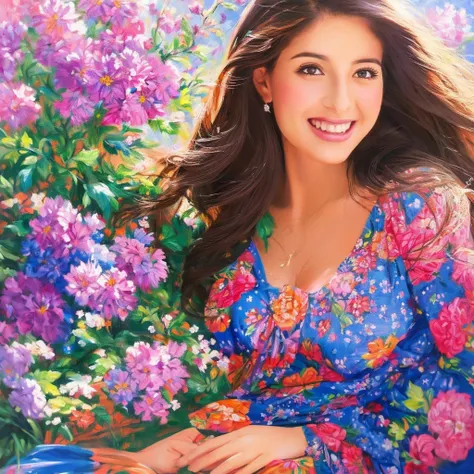 beautiful girl, realistic painting, flowing floral dress, radiant smile, long flowing hair, captivating eyes, high quality, real...