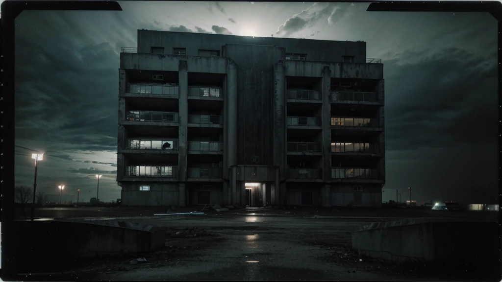 A Polaroid photo of a deserted brutalism building at night. Iluminated by a flashlight only. A dark creature. Russia. Dark. Night. Dark clouds. 3 am. Chernobyl. Horror. Eerie. Strange. Fear.