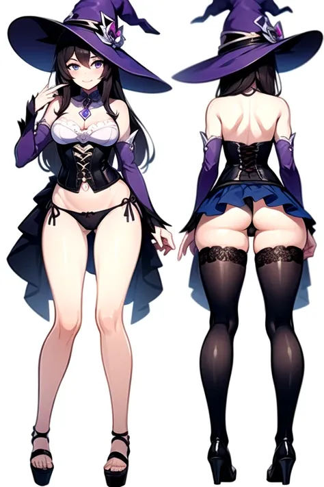 ((masterpiece)),(((best quality))),(character design sheet, same character, front, side, back, up), illustration, 1 girl, genshin impact style, full body, witch , purple witch hat, long black hair, medium breasts, purple mini skirt, corset, white shirt, op...