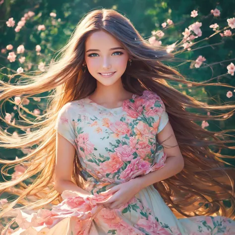 beautiful girl, realistic painting, flowing floral dress, radiant smile, long flowing hair, captivating eyes, high quality, real...