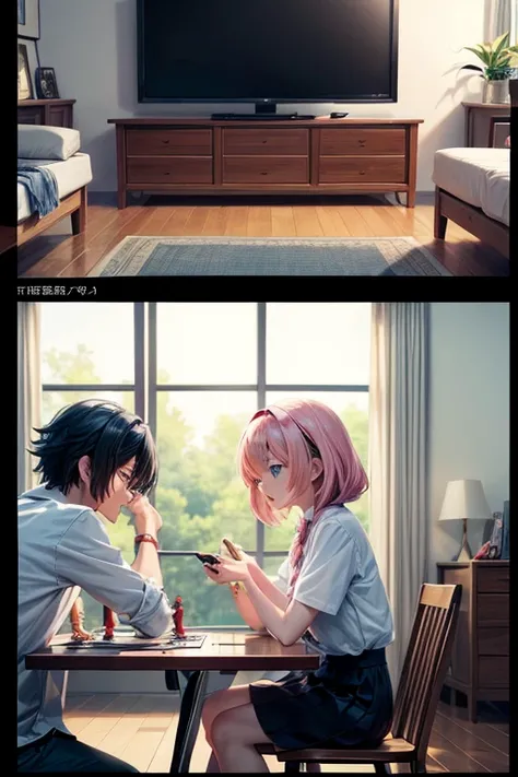 (best quality,4k,8k,highres,masterpiece:1.2), anime screenshot of a couple playing chess in a living room, scene from an anime movie, screenshot from an animated film, todays featured anime still, Rem and Ram playing chess, still from a TV anime, in an ani...