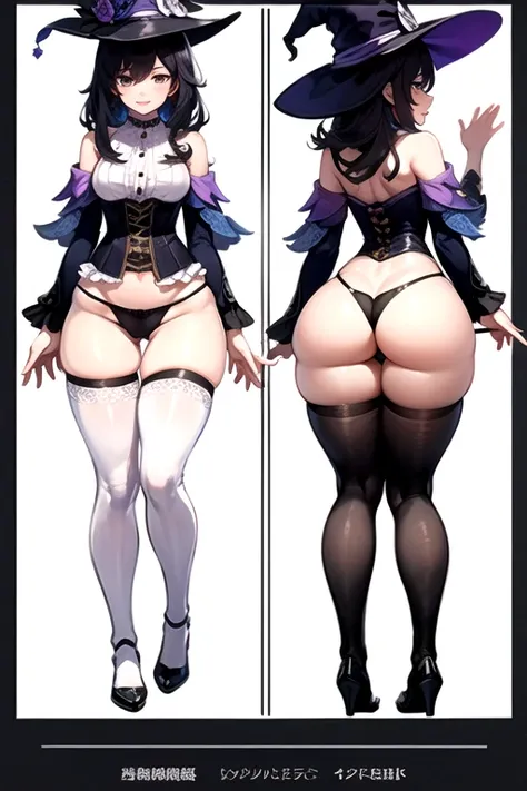 ((masterpiece)),(((best quality))),(character design sheet, same character, front, side, back, up), illustration, 1 girl, genshin impact style, full body, witch , purple witch hat, long black hair, medium breasts, purple mini skirt, corset, white shirt, op...