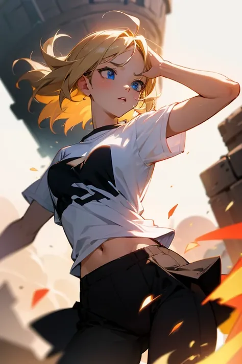 (Masterpiece), Best quality, Expressive eyes, Perfect face, Blonde hair with brown highlights, Explosions, Blue eyes, young adult, woman, White t-shirt,, British, her pussy is visible