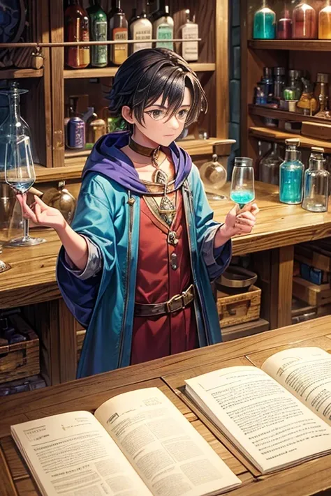 Close-up of a man standing in a room with a table, He&#39;s in the alchemist&#39;s laboratory, Located in the wizard shop, In the potion counter, alchemist library background, leaflet, Fantasy Alchemist Laboratory, leaflet anime style, screenshot of animat...