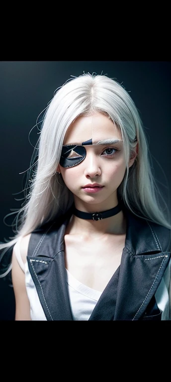 Girl. Shoulder length silver hair. Covers left eye with an eye patch. Left eye is white right eye is yellow. White shirt with yellow edges. Bandages.