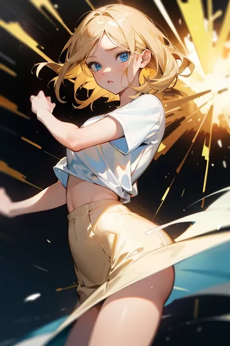 (Masterpiece), Best quality, Expressive eyes, Perfect face, Blonde hair with brown highlights, Explosions, Blue eyes, young adult, woman, White t-shirt,, British, her pussy is visible