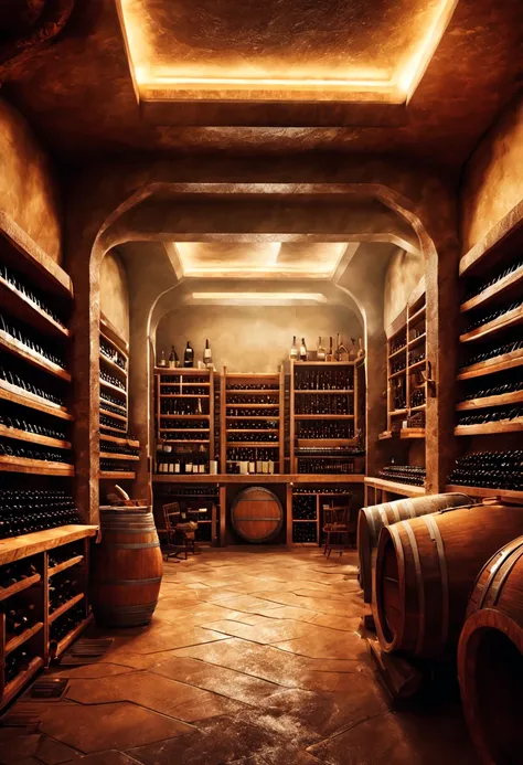 underground space for wine storage. depth of field. multi-layered vast space. warm lighting. detailed master works. high-definit...