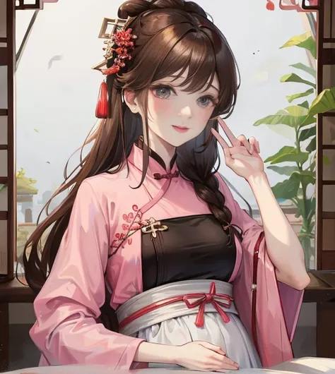 masterpiece, best quality, married woman， aldult, Chinese style, China, elder sister,  Smile, brown hair, princess cut, Single braid，Full of motherhood，传统China服装，purely，blush，Dignified yet lively，Mother，Put your hands on your belly，thin lips，pregnancy，古典Ch...