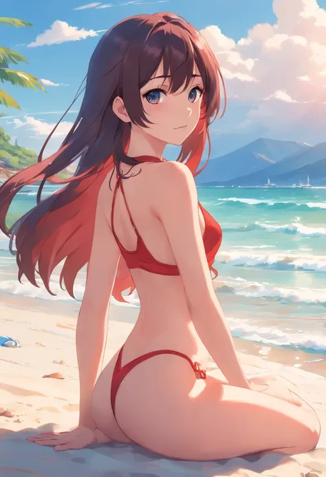 Cuatro mujeres sin ropa en la playa con ojos azules y pelo rojo, chica anime