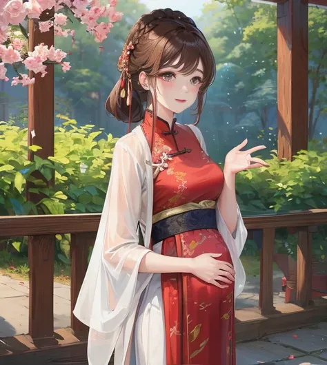 masterpiece, best quality, married woman， aldult, Chinese style, China, elder sister,  Smile, brown hair, princess cut, Single braid，Full of motherhood，传统China服装，purely，blush，Dignified yet lively，Mother，Put your hands on your belly，thin lips，pregnancy，Matu...