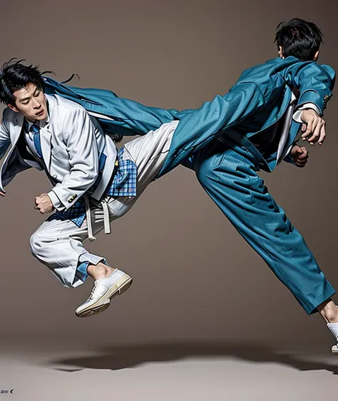 two  man in suit uniform jump back kick,taekwondo pose,